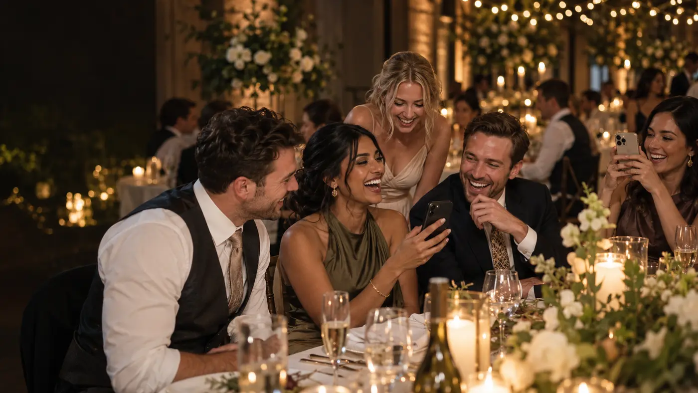 Wedding guests laughing together while playing a phone-based activity at their reception